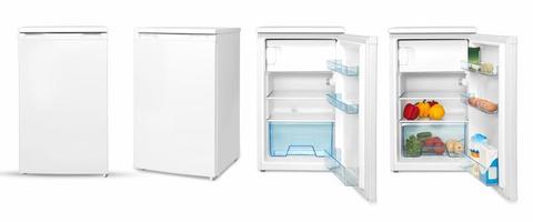 modern household refrigerator with food, four angles, isolated. photo