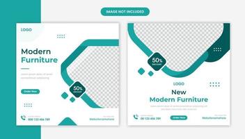 Creative furniture social media post design set, green modern shapes banner vector