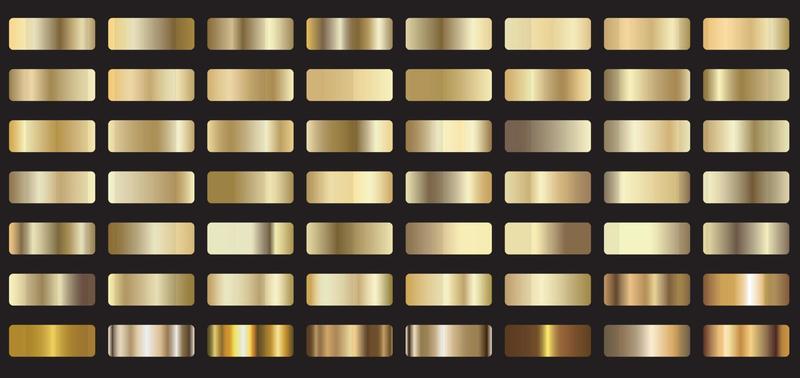 Texture set isolated on black background. Vector golden shine metallic gradient set.