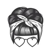Woman love face with vintage hairband bun hairstyles and heart sunglass vector line art illustration.