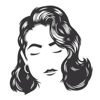 Rostro de mujer con peinados vintage para ilustración de arte de línea de vector de cabello largo.