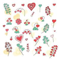 Love doodles elements. Cute hand drawn set of icons with hearts, plants, leaves, berries in the shape of hearts. Vector illustration. Design for prints, cards and coloring page. Valentine's day poster