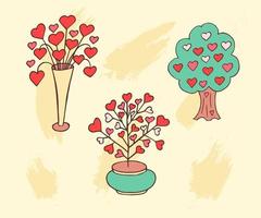 Love doodles elements. Cute hand drawn set of icons with a tree with hearts, a vase with flowers in the shape of hearts. Design for prints, cards and coloring page. Valentine's day theme poster. vector