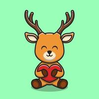 Cute deer hugging love heart cartoon icon illustration vector