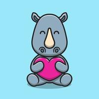 Cute rhino hugging love heart cartoon icon illustration vector