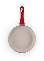 one frying pan of red color on a white background closeup