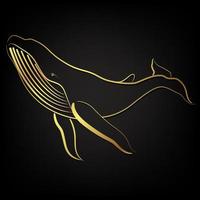 diseño de ballena jorobada con lineart dorado sobre fondo negro vector