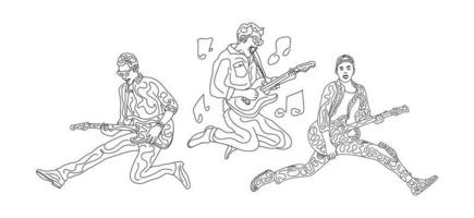 Single line doodle art image of three energetic young guitarists jumping on stage and playing guitar. Vector illustration of a continuous line drawing design. Vector illustration of doodle art design.