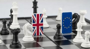 Chess pieces and flags of the European Union and the UK on a chessboard. The concept of the political game and chess strategy Brexit photo