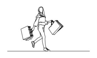 continuous line cheerful and happy woman enjoying shopping she holds shopping bags vector