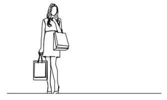 continuous line cheerful and happy woman enjoying shopping she holds shopping bags vector