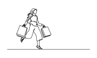 continuous line cheerful and happy woman enjoying shopping she holds shopping bags vector