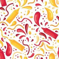 Seamless pattern with fast food and splashes of mustard and ketchup in plastic bottles for sauces in a flat style isolated on a white background