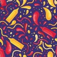 Seamless pattern with fast food and splashes of mustard and ketchup in plastic bottles for sauces in a flat style isolated on a purple background