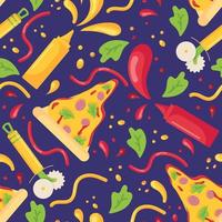 Seamless pattern with fast food and splashes of mustard and ketchup in plastic bottles for sauces in a flat style isolated on a purple background vector