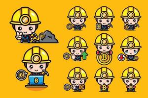 lindo diseño de personajes de minero de bitcoin vector