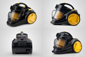 full view of a modern household vacuum cleaner of black yellow color on a white background. for copy space and cut out photo