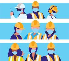 Industrial workers working with face mask vector