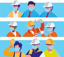Industrial workers working with face mask vector