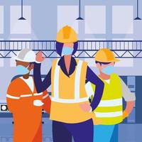 Industrial workers working with face mask vector