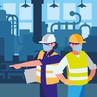industrial workers men working with face mask vector