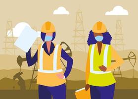 industrial worker women working with face mask vector