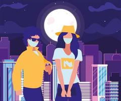 couple in the city wearing face mask vector