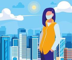 Woman in the city wearing face mask vector