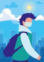 Man walking in the city wearing face mask vector