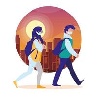 couple walking in the city wearing face mask vector