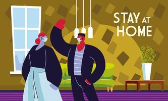 couple with masks at home vector