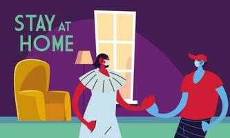 couple with masks at home vector