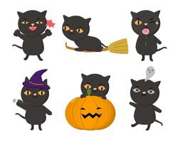 personajes de animales de gatos negros de diversas profesiones y poses como pelear, montar en escoba, olfatear, bruja, calabaza, fantasma, morir. vector