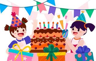 Cute girls with birthday cake and present in party vector