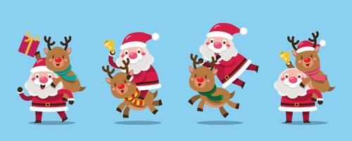 Santa Claus characters in various poses and scenes with reindeer. vector