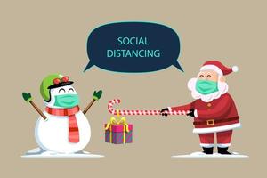 Snowman and santa character with masks social distancing vector