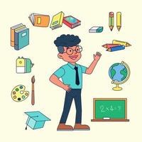 Student character and school supplies such as textbooks, books, erasers, pencils, palette, sharpeners, paintbrushes, globes, blackboards. vector