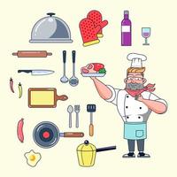 Master chef cook with his kitchen tools such as Conveyor, gloves, sauce bottles, glasses, rolling pin, knife, spatula, ladle, chopping board, pan, pot, spoon, chili fork, sausage