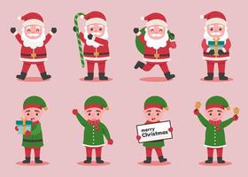 personajes de santa claus y elfos en varias poses y escenas. vector