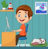 Little boy working on personal computer at home vector