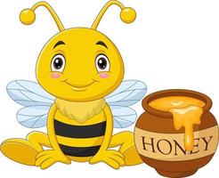 Cartoon little bee with honey pot vector