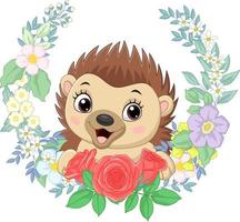 Cartoon baby hedgehog with flowers background vector