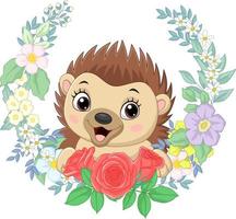 Cartoon baby hedgehog with flowers background vector