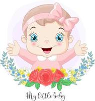 dibujos animados lindo bebé niña con fondo de flores vector