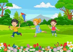 niños pequeños de dibujos animados jugando en el jardín vector