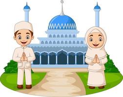 Happy cartoon Muslim kids in front of mosque vector