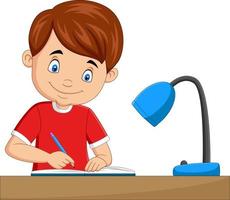 niño pequeño de dibujos animados estudiando en la mesa vector