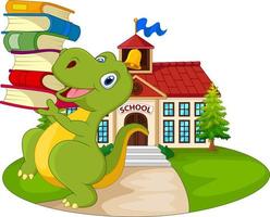 Cartoon dinosaur carrying stack of books in front school building vector