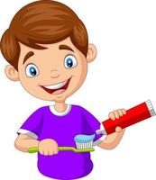 Cute little boy squeezing toothpaste on a toothbrush vector