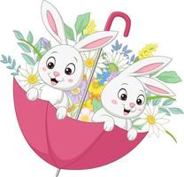Cute two bunnies in the spring umbrella with flowers vector